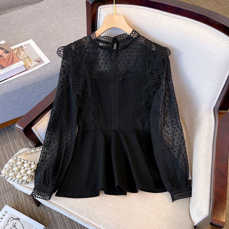 Áo Sơ Mi Đen Vải Voan Phối Ren Xuyên Thấu Họa Tiết Chấm Bi Cỡ Lớn M-5XL Thời Trang Sang Trọng Cho Nữ