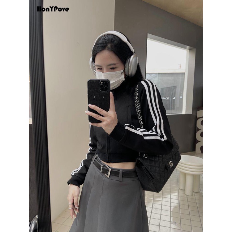 Honypove Áo Khoác Lửng Oversize Có Khóa Kéo Cho Nữ