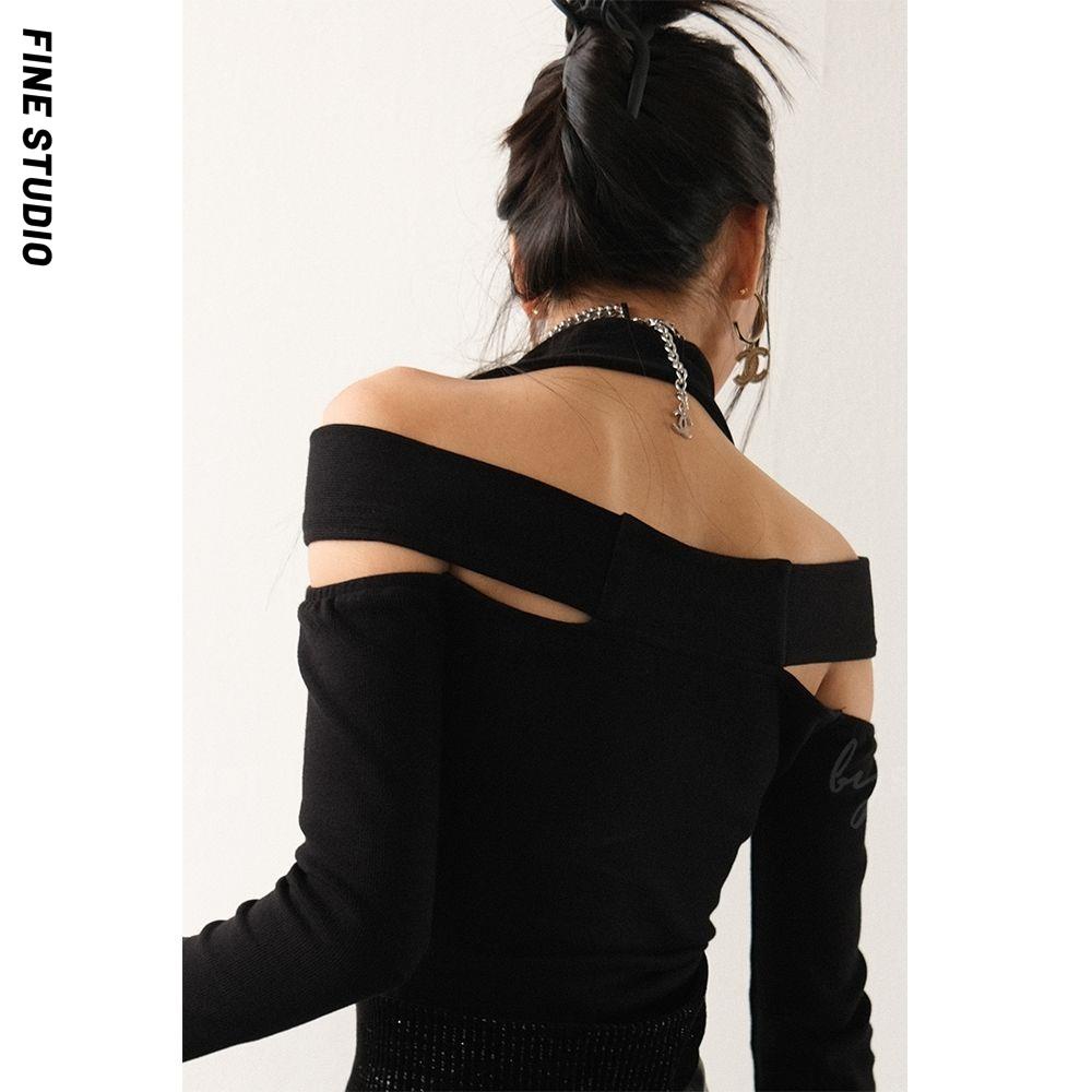 Áo Thun Tay Dài Hở Vai Dáng Ôm Màu Đen Thời Trang Quyến Rũ Cho Nữ