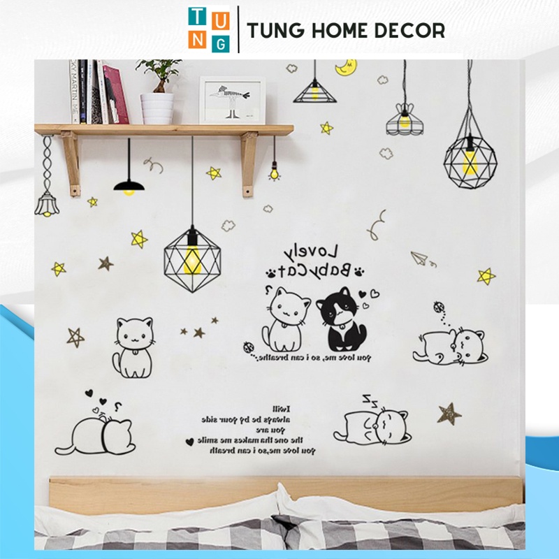 Đề can dán tường hàn quốc trang trí phòng ngủ TUNG DECOR Đèn Trang Trí 1 & Mèo Baby Cat