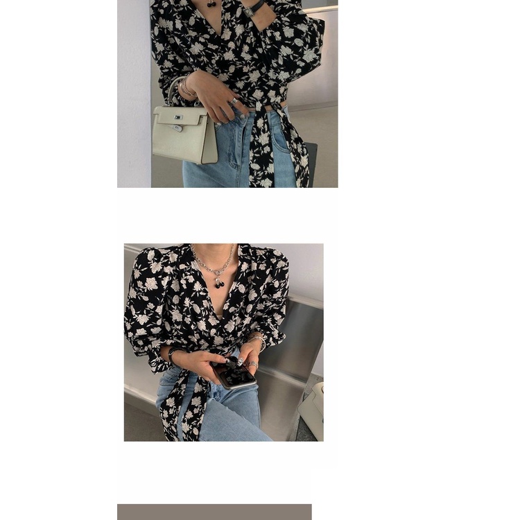 Áo Sơ Mi Nữ Tay Dài Cổ Chữ V In Hoa Thời Trang