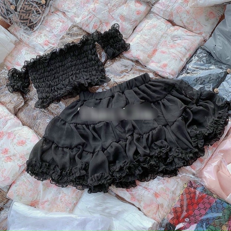 Set áo mocking trễ vai nhún chân váy voan tầng - bộ áo ống tay rời kèm chân váy xòe tầng alohashop91