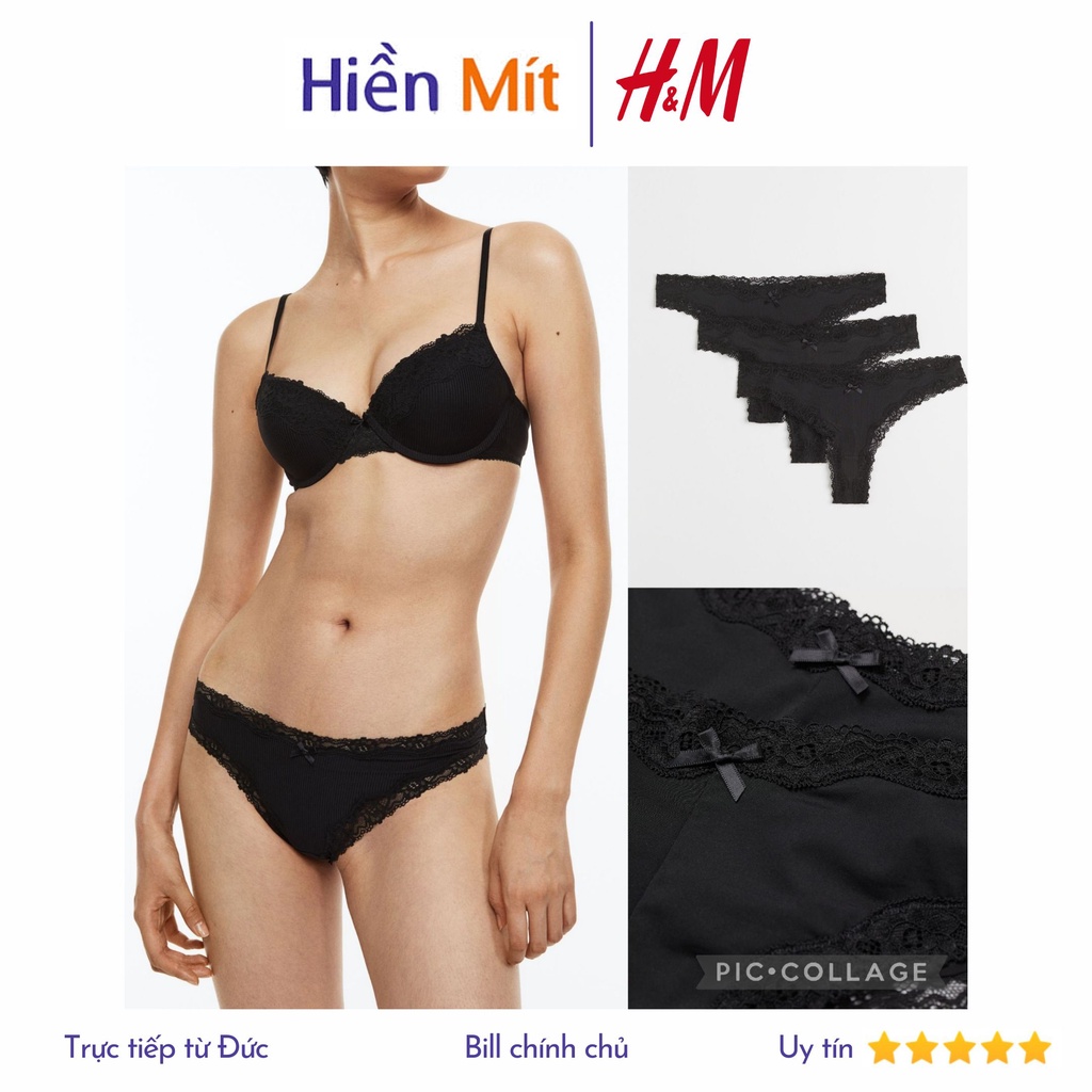 H&M Đức - Set 3 quần lót chống lộ hằn viền ren màu đen mềm mại lọt khe sale auth cao cấp có sẵn 0803070001