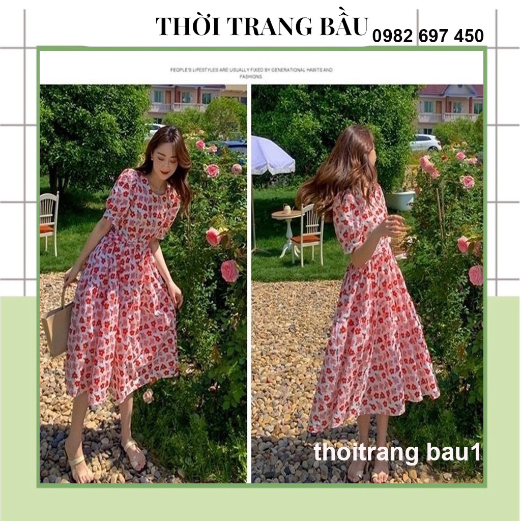 [thoitrangbau1 V250] VÁY BẦU MÙA HÈ-ĐẦM BẦU HOA THIẾT KẾ THỜI TRANG HÀN DÁNG DÀI TAY BỒNG CÓ DÂY THẮT EO XINH XẮN