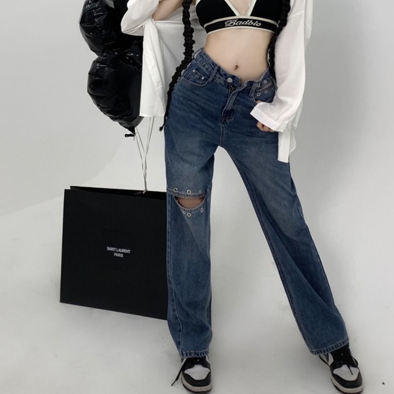 Quần Jean Dài Lưng Cao Rách Gối Phong Cách Hong Kong Thời Trang Mùa Thu Hàng Mới Dành Cho Bạn Nữ