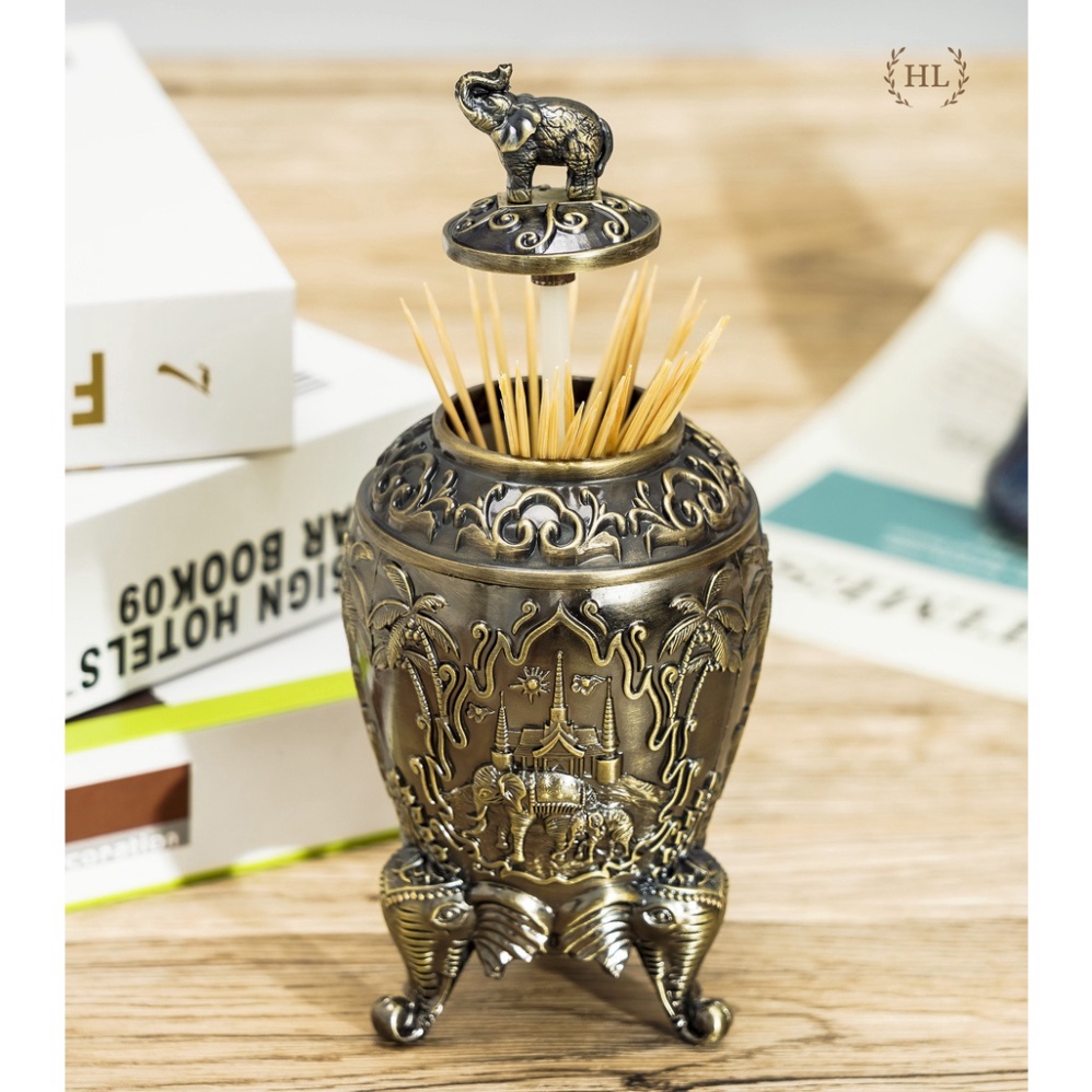 Combo 3 item kim loại tổng hợp đồng hoa văn con Voi | Tăm - Gạt tàn - Lọ đựng  chè hoa lá Voi Phục Thailand , đồ gia dụn