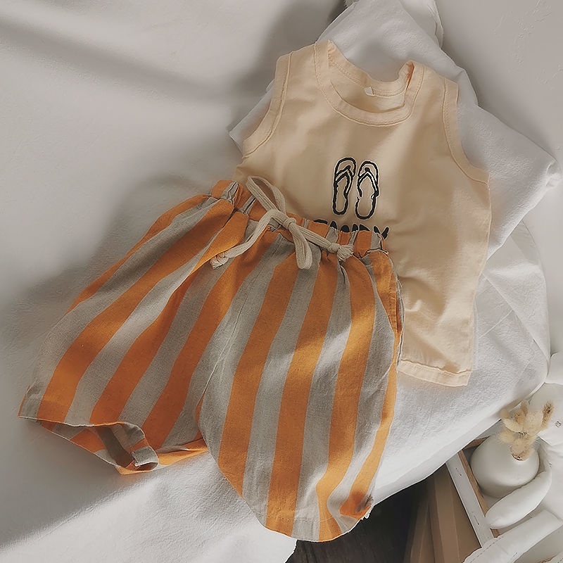 Hàng Mới Về Set Áo Thun Ngắn Tay Và Quần Short Vải Lanh Cotton Màu Trơn Thời Trang Mùa Hè Cho Bé Trai