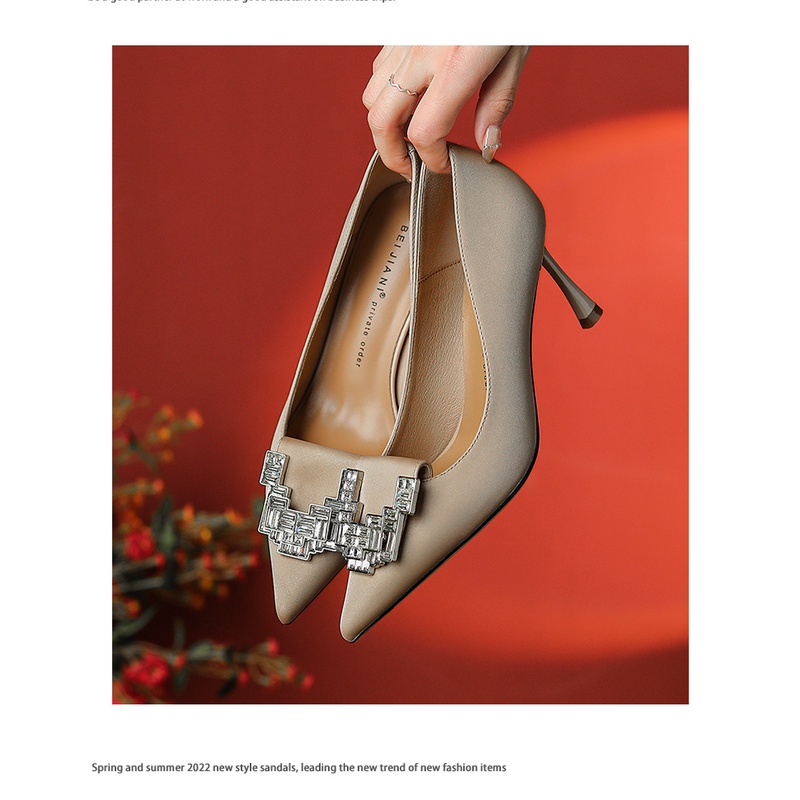 BEIJIANI Giày Cao Gót 7CM Mũi Nhọn Đính Đá Phối Khóa Vuông Màu Đen Thời Trang Sang Trọng Cho Nữ