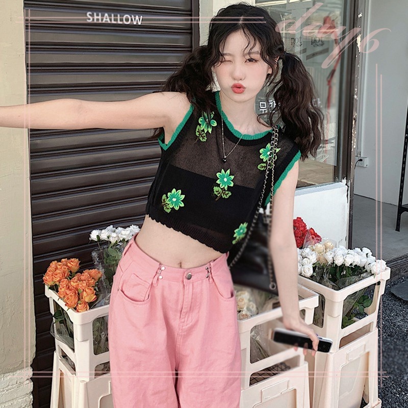 Áo Tank Top Dệt Kim Sát Nách In Hoa Kiểu Hàn Quốc Xinh Xắn Cho Bạn Gái