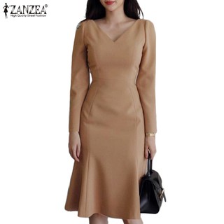 Đầm đuôi cá ZANZEA dài tay cổ chữ V thời trang cho nữ