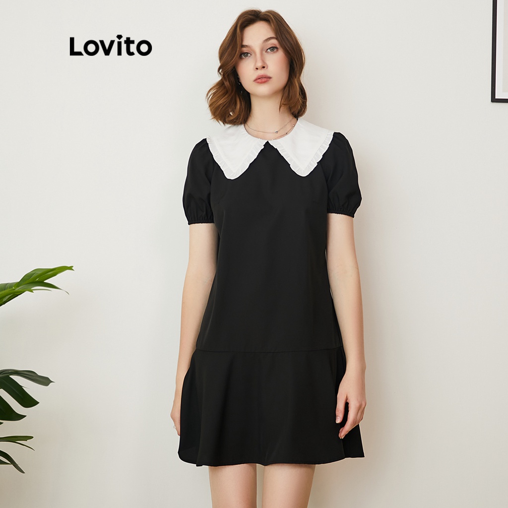 Đầm Lovito tay phồng cổ áo kiểu peter pan màu trơn phong cách preppy L24AD164 (màu đen)