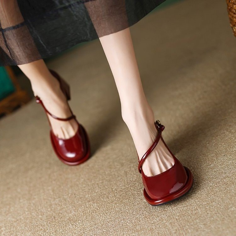 Giày Cao Gót Mũi Tròn Phối Dây Xinh Xắn Dành Cho Nữ