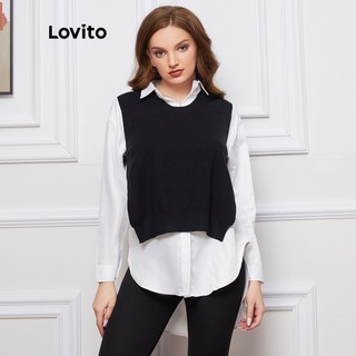 Áo dệt kim Lovito cổ tròn xẻ tà màu trơn thời trang đơn giản thường ngày L08160 (Màu đen)