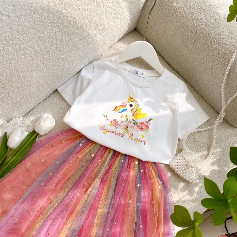 Set bộ bé gái ,Áo cotton 4c in hình Pony,Chân váy lưới sao cầu vồng xinh xắn