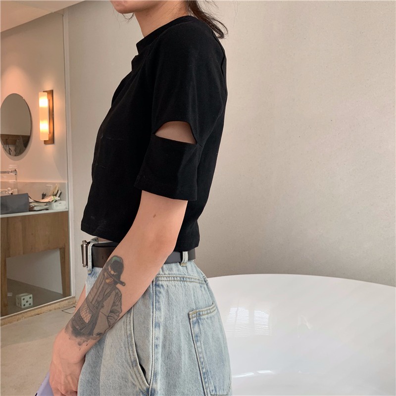 Áo croptop SUXI tay ngắn cổ tròn dáng ôm phong cách tối giản cho nữ