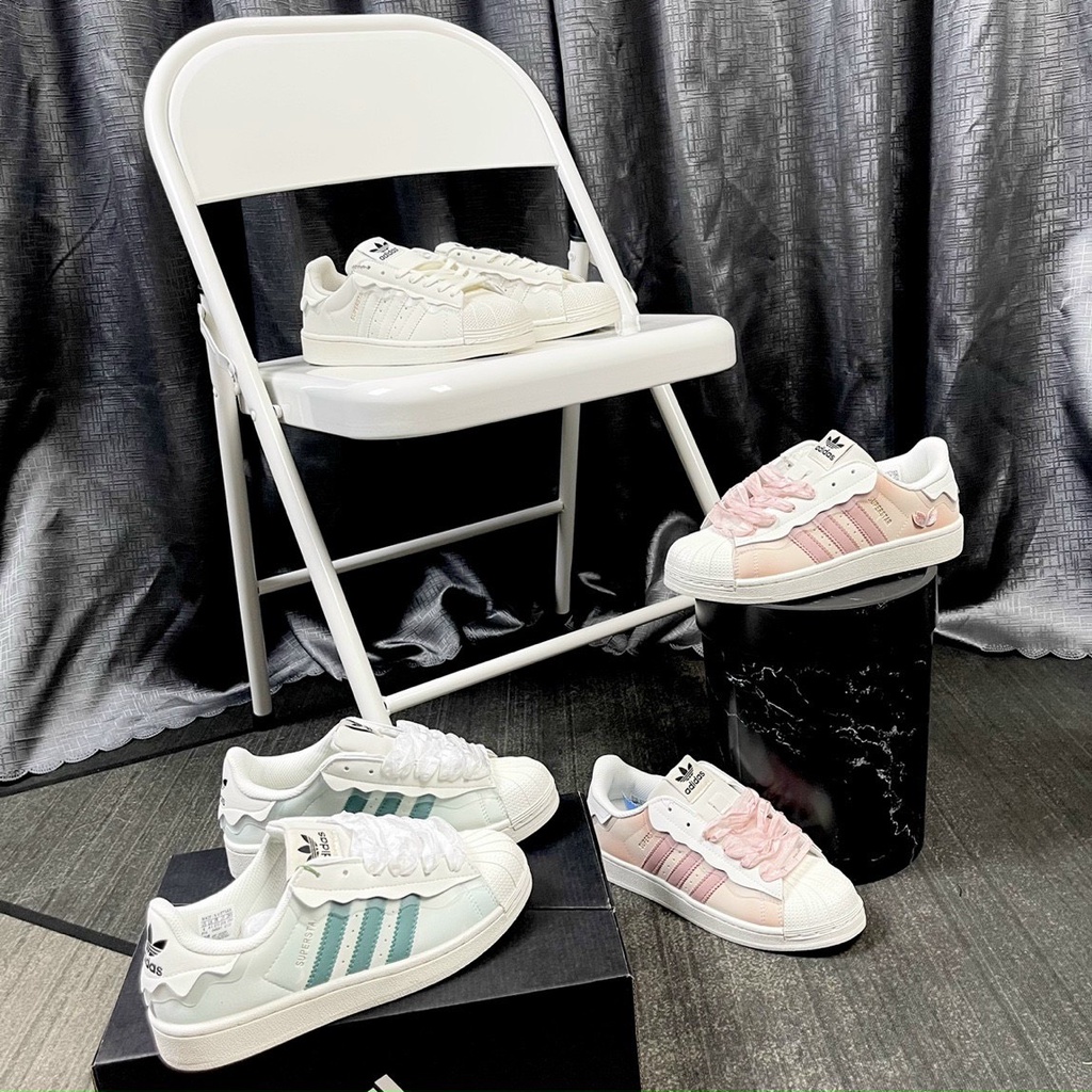 Giày thể thao nữ mẫu mới 2023 Adidas Superstar hồng, adidas sò xanh, das sò trắng 3 sọc dành cho nữ full box bill