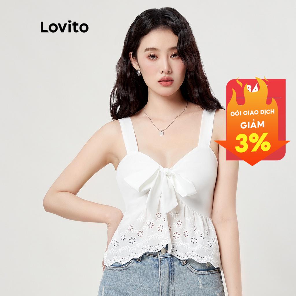 Áo ba lỗ Lovito Nơ trơn phía trước tương phản ren Shirred phụ nữ Preppy L33ED054 (Trắng)