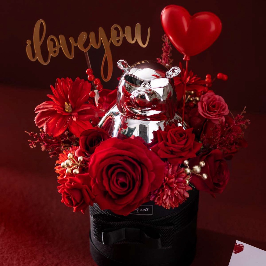 Hộp hoa lụa - Hộp hoa đựng quà tặng valentine kèm gấu siêu đẹp phong cách Hàn Quốc thương hiệu BÔNG BY CATT