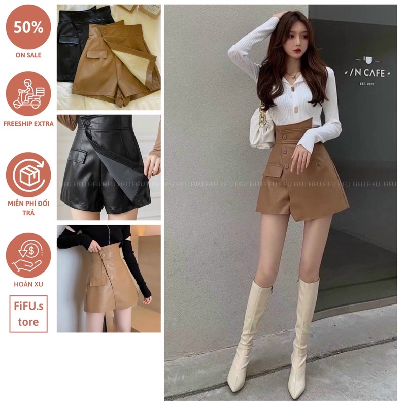 Quần giả váy, chân váy da FiFU kiểu dáng hiện điện sang trọng 3 khuy chéo trước, Mã CV203