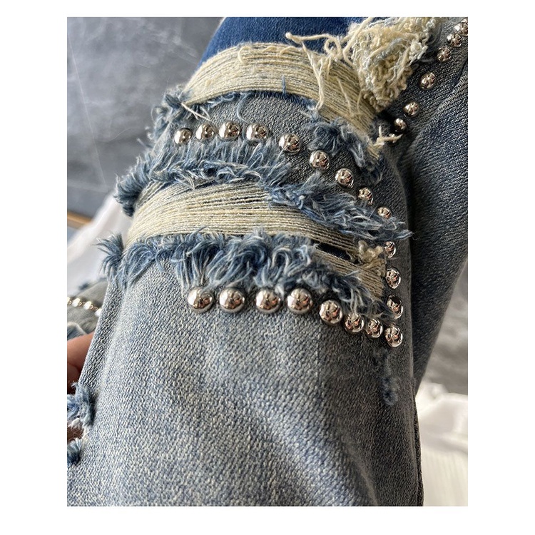 Quần Jean Rách Đính Hạt Giả Nhỏ Phong Cách Mới 2023 Dễ Phối Đồ Cho Nữ
