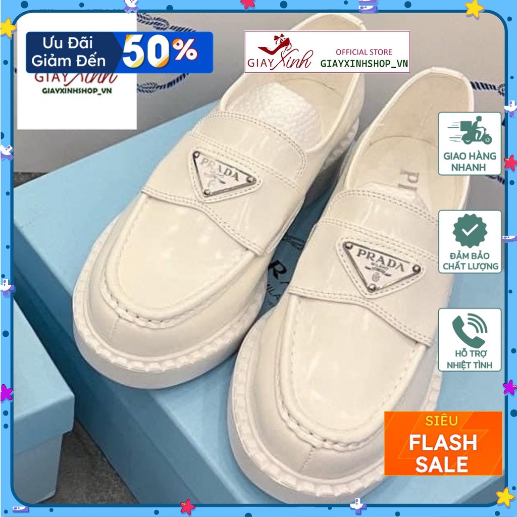 Giày prada màu trắng đế cao 5 phân, giày xuồng prada da bóng moca lười đế cao mũi tròn thời trang nữ dễ phối đồ