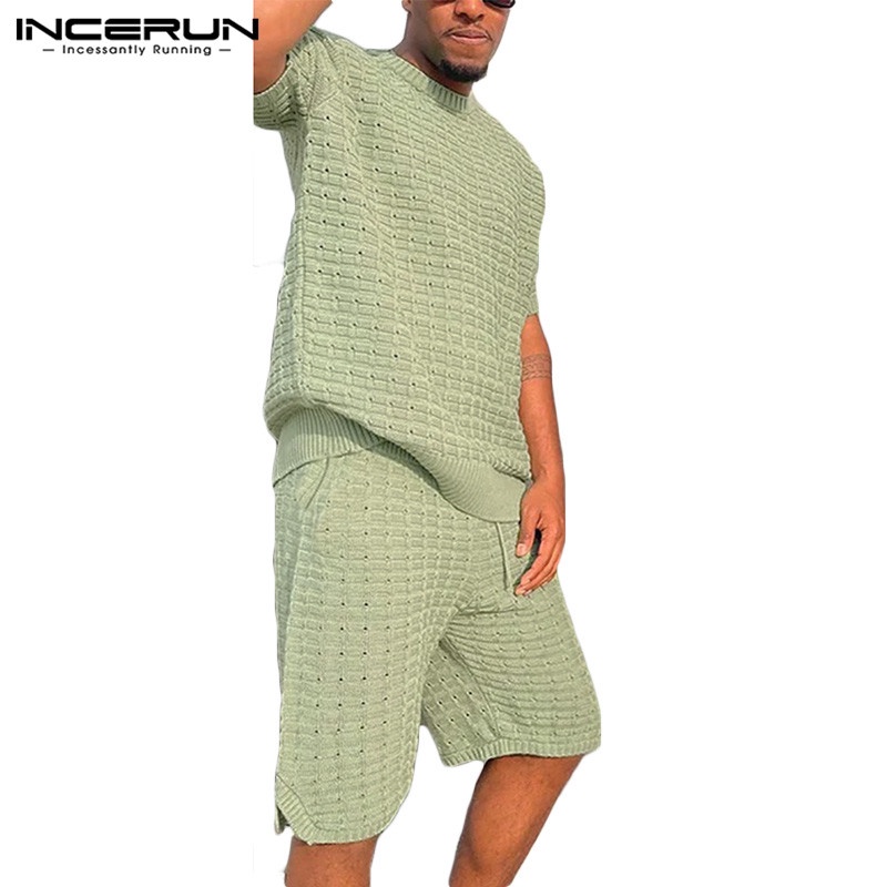 Bộ đồ INCERUN gồm áo dệt kim ngắn tay màu trơn và quần thời trang xinh xắn dành cho nữ