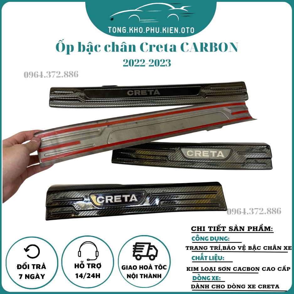 Ốp bậc cửa, nẹp bước chân trong, ngoài CARBON xe Hyundai Creta 2022- 2023, vân CACBON cao cấp