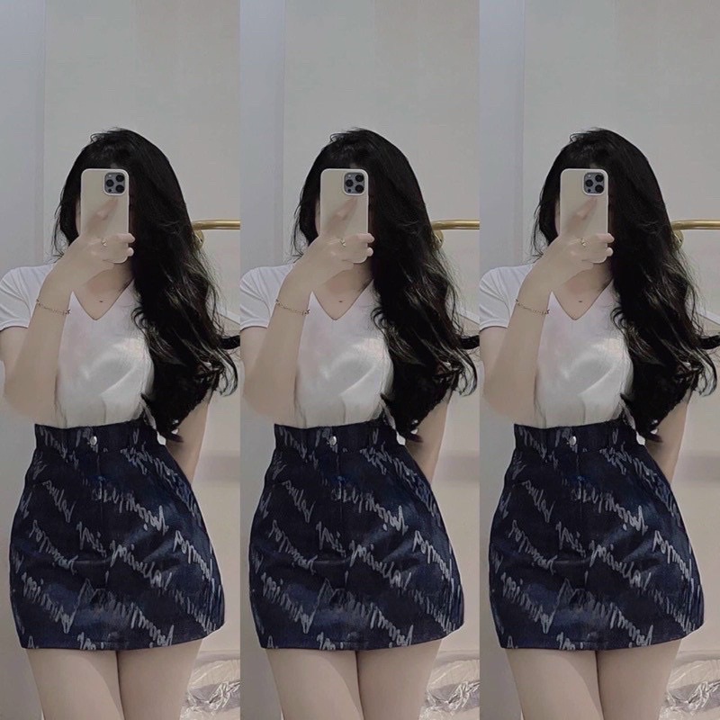 SET PULL TRẮNG CỔ TIM CHÂN VÁY JEAN CHỮ