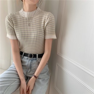 Suxi Dệt Kim Slim Fit Mỏng Phong Cách Tay Ngắn Cổ Tròn Nữ Mùa Hè Top