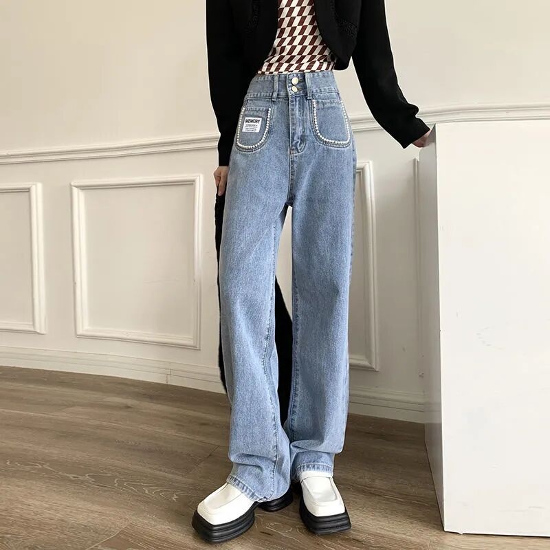 ZHELIHANGFEI Quần Jean Lưng Cao Form Rộng Theo Phong Cách Retro Đường Phố