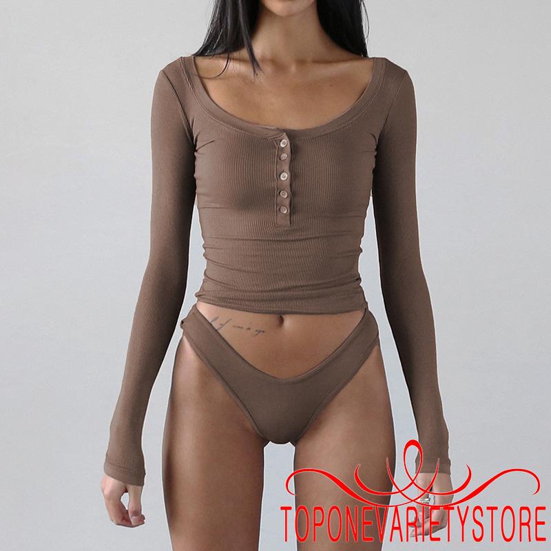 Áo Thun Lửng Tay Dài 1 / 2 Nút Thời Trang Nữ