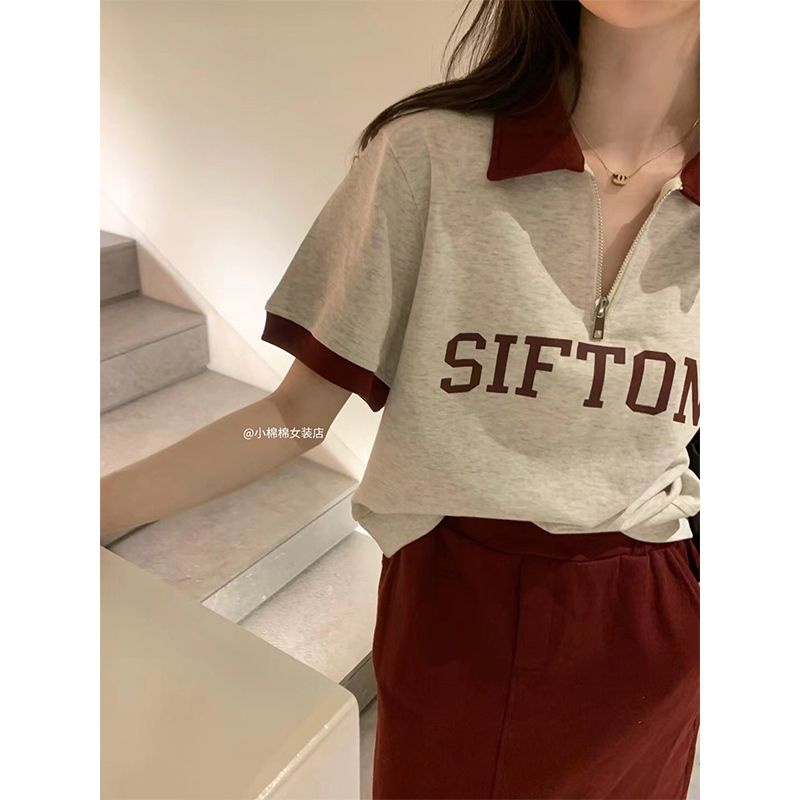 Áo thun COZOKC tay ngắn cổ polo có khóa kéo trước phong cách cổ điển dành cho nữ