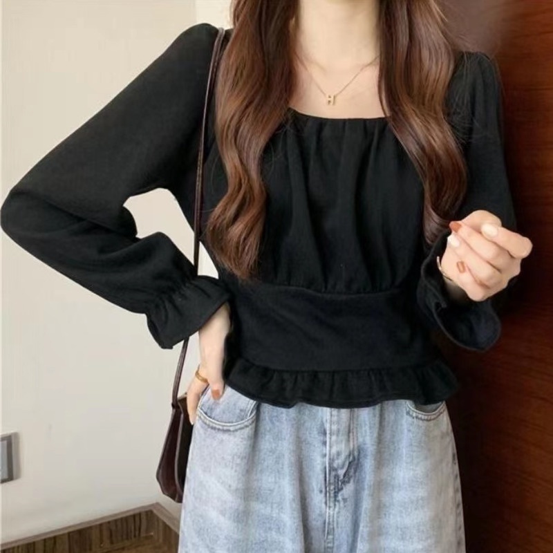 Áo Sơ Mi Tay Dài Cổ Vuông Màu Trơn Phong Cách Hàn Quốc Thời Trang Cho Nữ