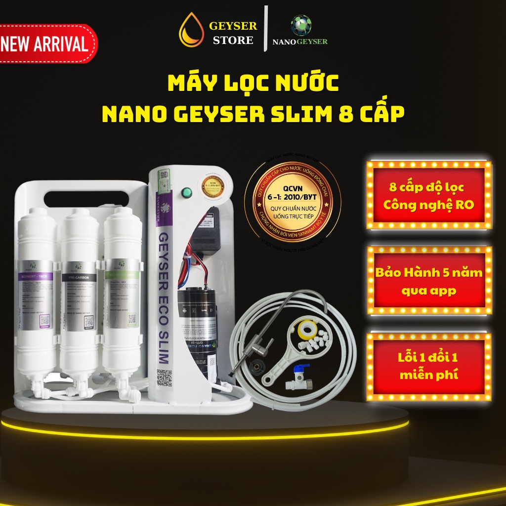 Máy lọc nước Slim S8 8 cấp ,công nghệ màng Ro đúc lọc bổ sung khoáng chất ion kiềm.Hàng chính hãng Nano Geyser