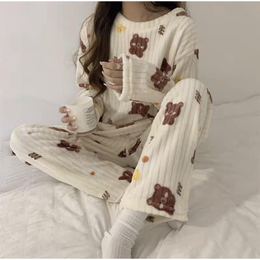 Bộ ngủ lông nữ mặc nhà hình gấu kute siêu ấm áp MS992