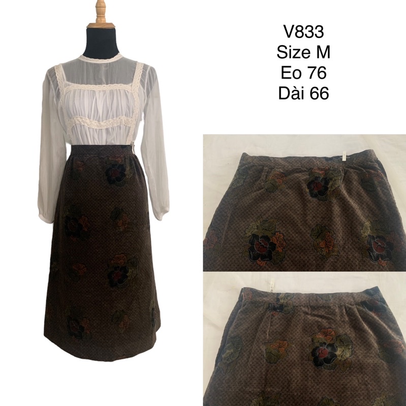 Chân váy hoa V833 form chữ A chất nhung mịn dày dặn 2hand Nhật si tuyển ảnh thật