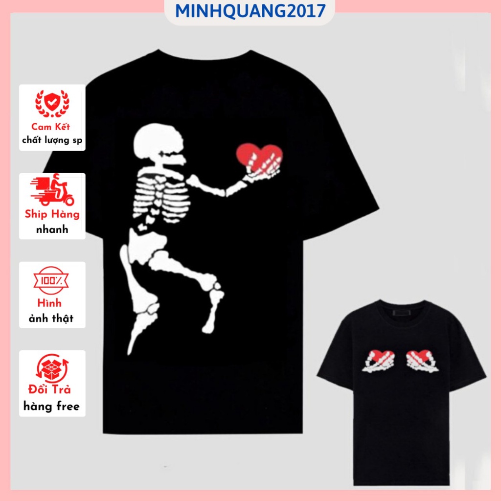 Áo thun nam nữ cộc tay in hình 5D bộ xương tay cầm trái tim đỏ siêu hót cá tính