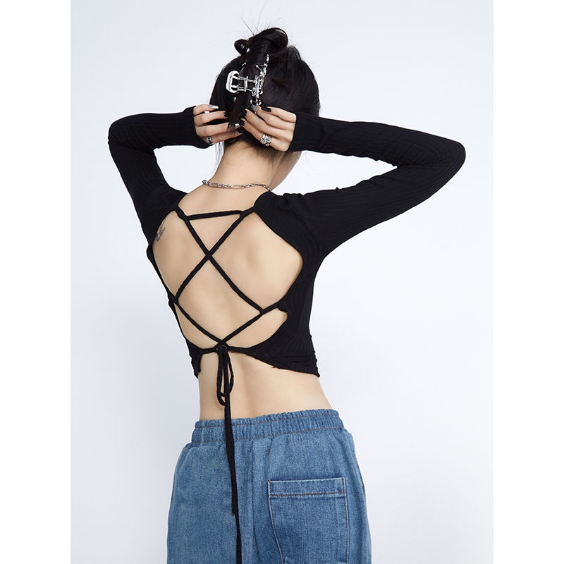 COZOK Áo Thun Tay Dài Hở Vai Màu Đen Phong Cách Quyến Rũ