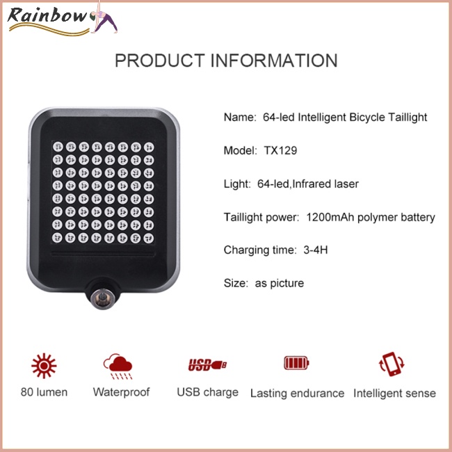 Đèn Led 64 Bóng Tự Động Gắn Đuôi Xe Đạp Có Thể Sạc Lại Bằng Cổng Usb