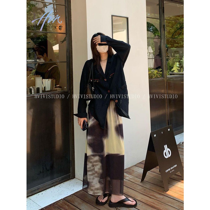 Hhjdxd2022 Chân Váy Chữ A Eo Cao Phối Lưới Nhuộm Màu Thời Trang Mùa Hè