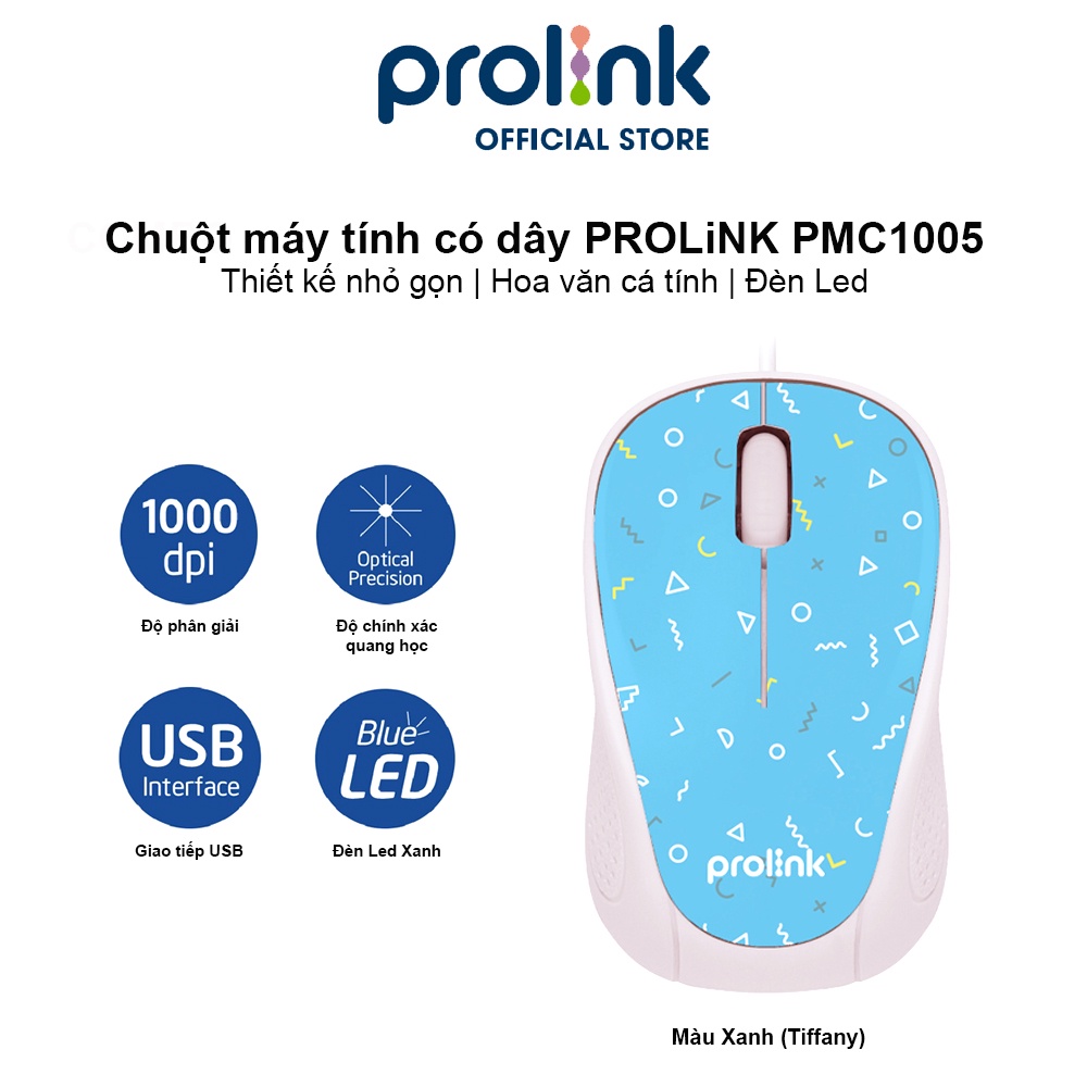 Chuột máy tính có dây PROLINK PMC1005 giá rẻ, đèn LED xanh, hoạ tiết bắt mắt