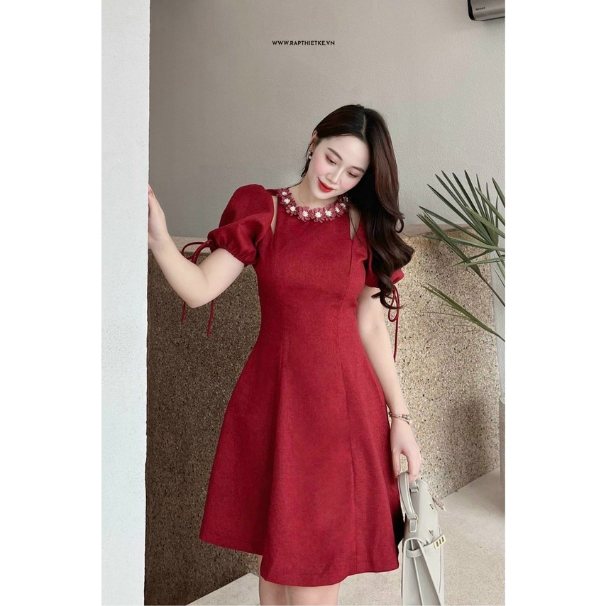 Đầm váy tay bồng cổ kết bông khoét vai thiết kế trẻ trung thời thượng Ht014