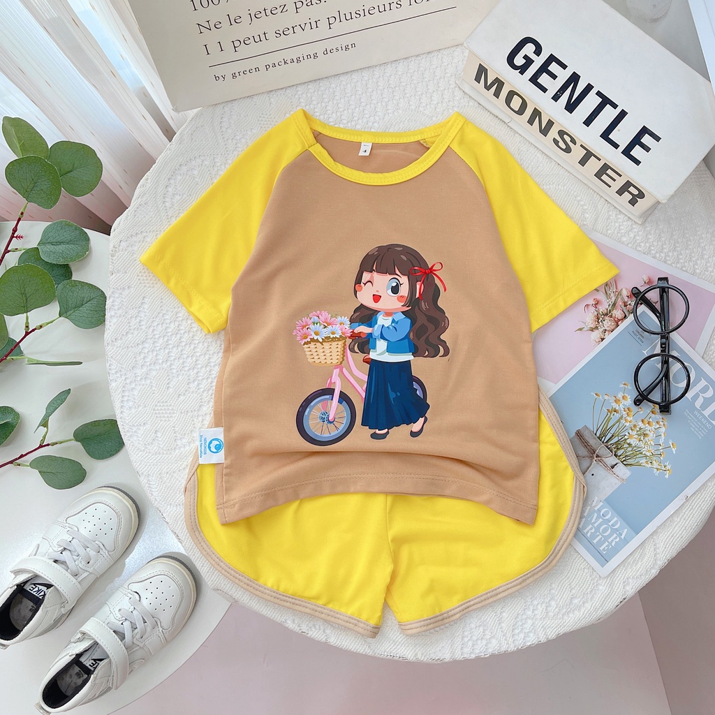 Bộ đồ bé gái-in BÉ GÁI XE ĐẠP-,chất vải thun co giãn 4 chiều từ 10kg đến 25kg-4BAO