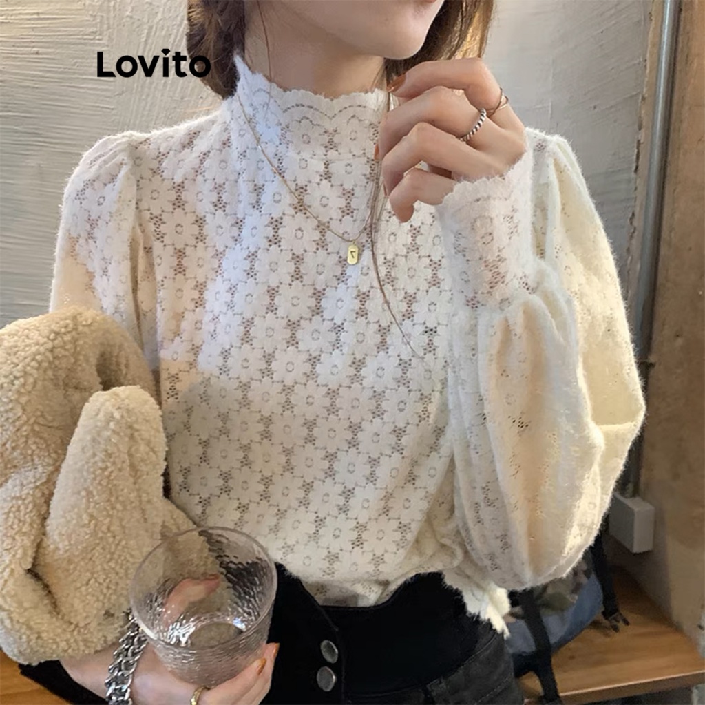 Áo thun Lovito cổ xếp nếp thêu viền lỗ họa tiết rỗng màu trơn phong cách thường ngày dành cho nữ L41AD022 (trắng ngà)