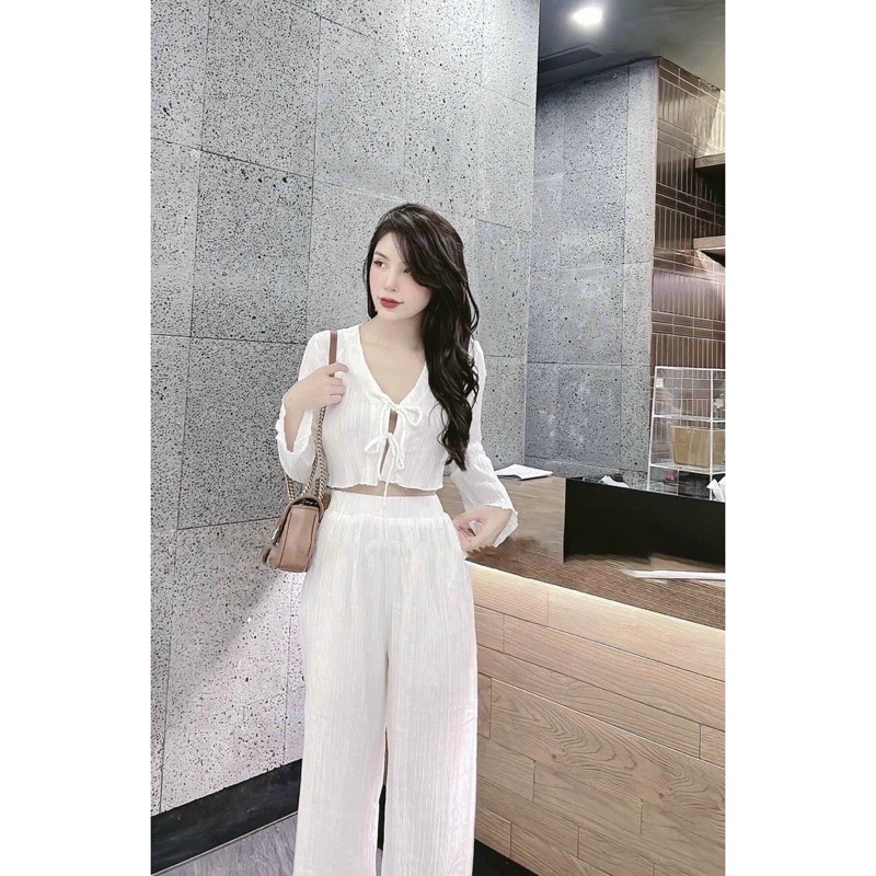 Set Bộ Thun Xốp Nhăn Thắt Cột Nơ Ngực Kèm Quần Xuông
