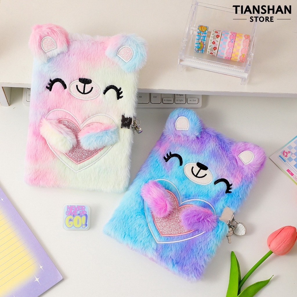 Sổ Tay Ghi Chép Nhật Ký Tianshan A5 Bằng Vải Bông Hình Gấu Hoạt Hình Có Khóa Cho Trẻ Em