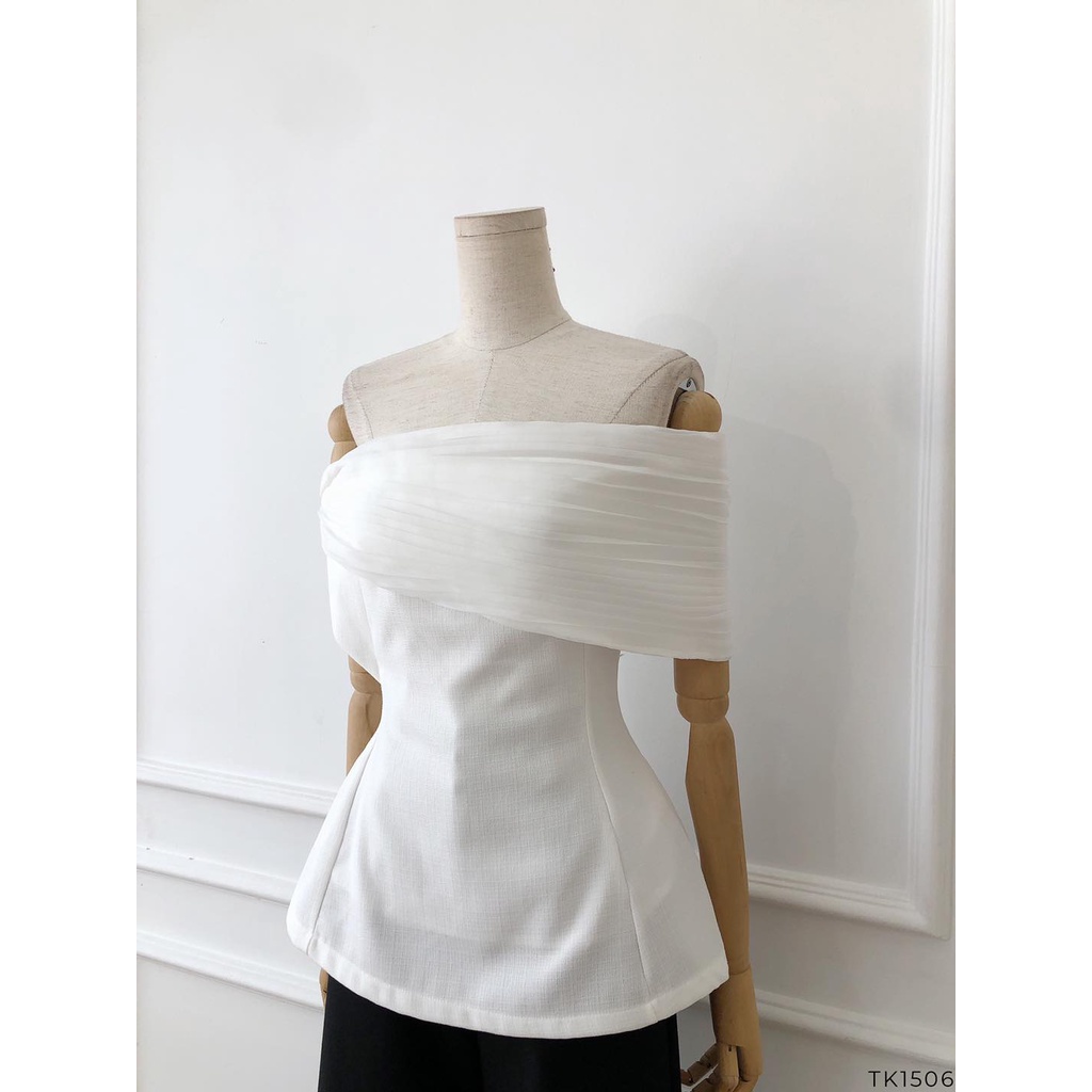 [HÀNG THIẾT KẾ CAO CẤP] Áo Peplum Xếp Li Lệch Vai (Không Kèm Tag Hoa) Màu Trắng Thanh Lịch