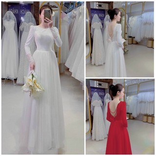 ĐẦM XOÈ NÀNG DÂU CỔ THUYỀN CHUỖI NGỌC TẶNG KÈM HOA TAI THỜI TRANG
