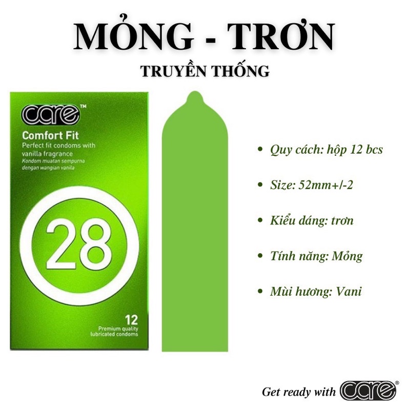 Bao cao su CARE 28 mỏng trơn truyền thống, tăng cường gel, hương vani giúp kéo dài thời gian - hộp 12 bcs