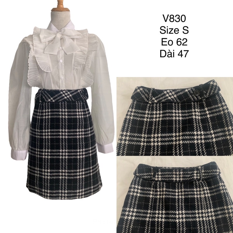 Chân váy chữ A V830 form ngắn caro phần belt tháo rời được chất dạ dày dặn 2hand Nhật si tuyển ảnh thật
